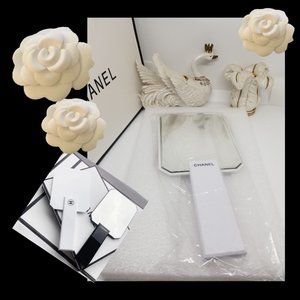 Chanel Hand Held Makeup Mirror Beveled Edge Cut NIB White